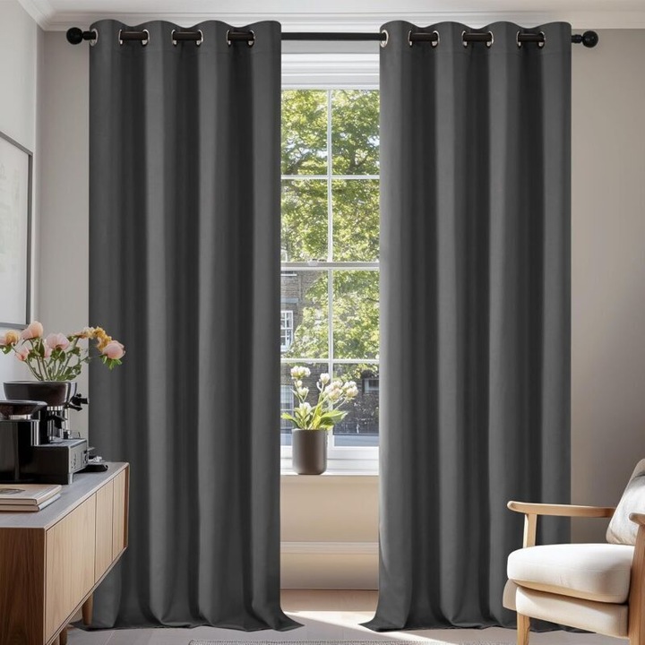 2 darabos szett, hőálló (háromszoros szövésű) blackout függöny fémgyűrűkkel, szürke, 2 x 100 x 130 cm