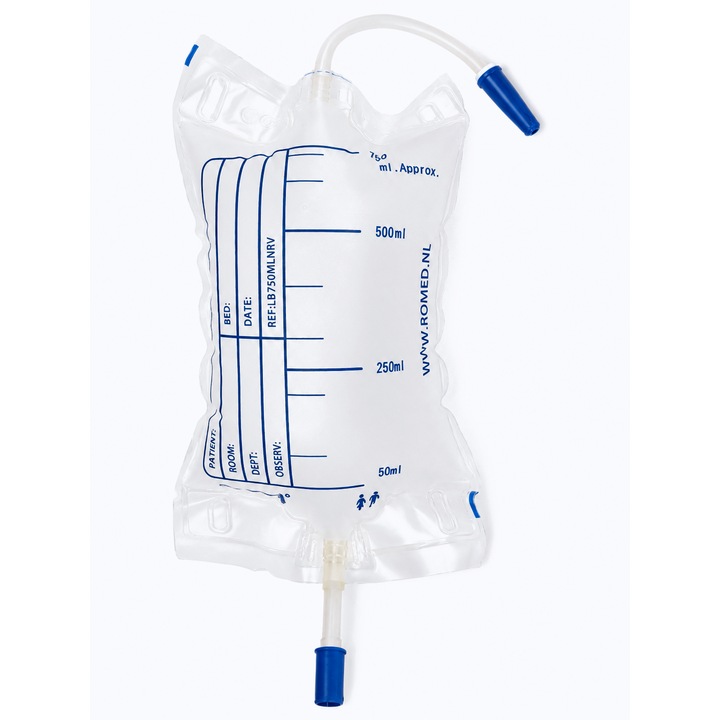 Punga urinară de picior Romed 750 ml, sterilă, cu valvă anti-retur, tub de conectare 15 cm