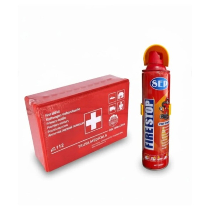 Kit siguranta auto cu trusa medicala omologata RAR + spray extinctor 1000ml
