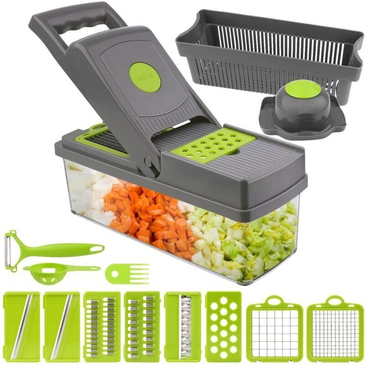 Mandolina de bucatarie, razatoare multifunctionala 15 in 1, 8 lame interschimbabile, din ABS si otel inoxidabil, cu recipient antiderapant, gri/verde