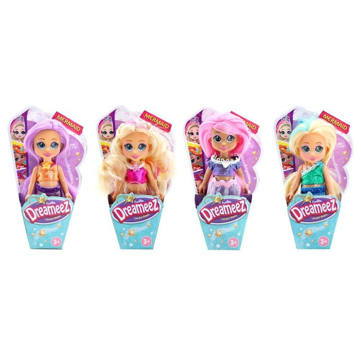 Alltoys Funville Dreameez mini sellő baba, fésülhető hajjal, tölcsér alakú csomagolásban, 12 cm, többszínű, 1 db