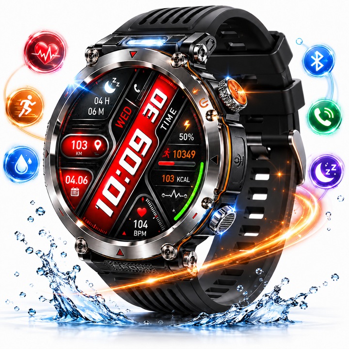 Smartwatch Premium Sport, 1.7” 360x360 IPS, IBESPHERE™, Apeluri Bluetooth/Notificari, 600mAh - Autonomie de 10zile in functie de Utilizare, Monitorizare Avansata Ritm Cardiac, Somn si Activitate, Rezistenta la Apa, Functii Multisport, Asistent Vocal AI