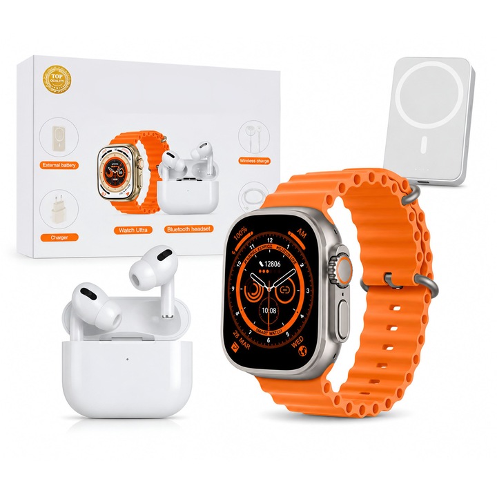 Smartwatch cu Apel Bluetooth, NFC, Ecran 2.02” IPS, IP67, Monitorizare Sanatate, Always-On Display, Casti Wireless, Baterie Externa, Portocaliu