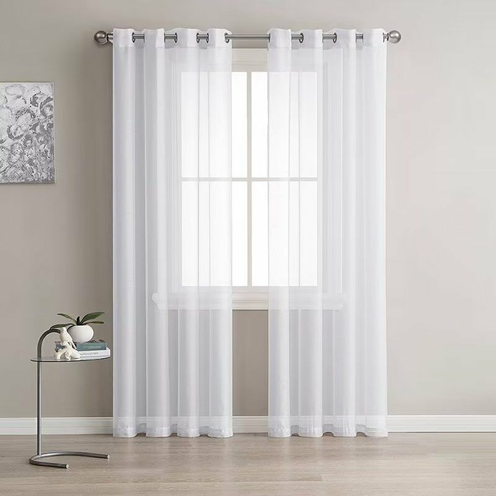 2 darabos szett, muszlin függöny/draperia len hatással, félig átlátszó, karikákkal karnisra, fehér, 2 x 140x215 cm