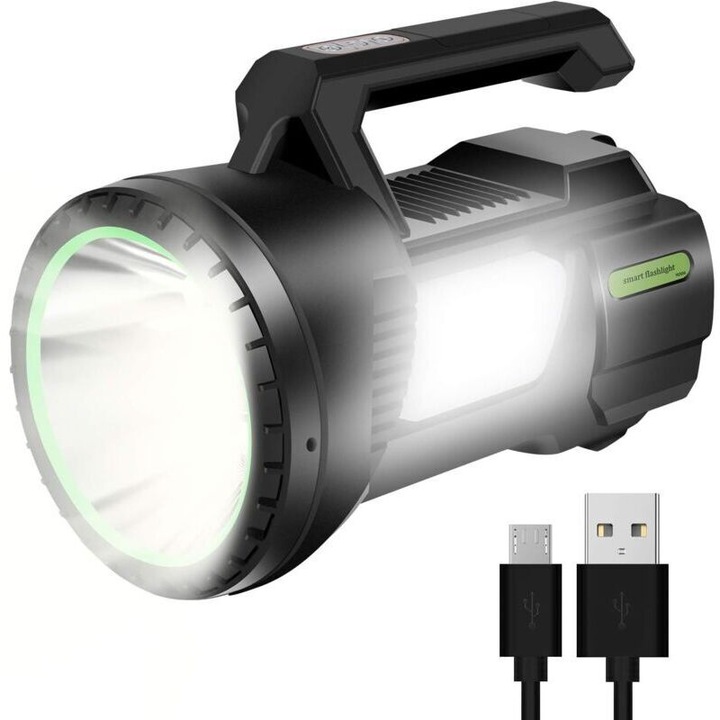 CREE T6 újratölthető LED lámpa, 1200 lm, 6500 mAh akkumulátor, 4 világítási mód, IPX4, fekete