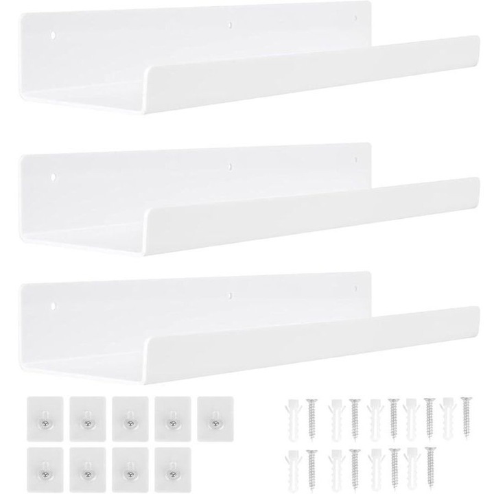 3 db fehér akril polc szett, 30x10x5cm, fúrás nélküli rögzítés, fürdőszobába és szobába