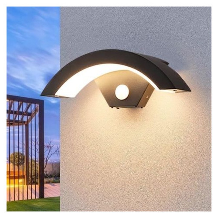 Aplica de exterior LED / lampa de perete cu senzor de miscare si senzor de lumina, 24 W, IP65, alb cald 3000K, negru, 29 x 10 x 10 cm