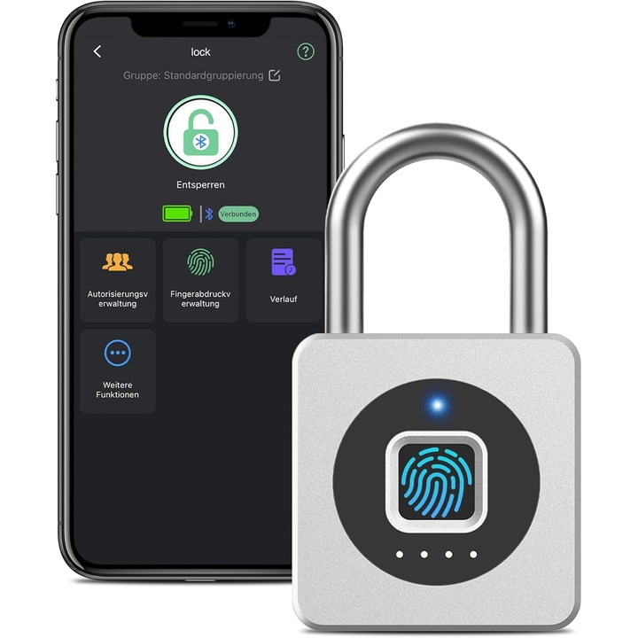 Lacat Inteligent Deschidere cu Amprenta Digitala si Bluetooth, 7.7 cm, Impermeabil IPX65, Reincarcabil USB-C, Fara Cheie, pentru Exterior, Depozit, Poarta, Dulapuri si Spatii de Securitate