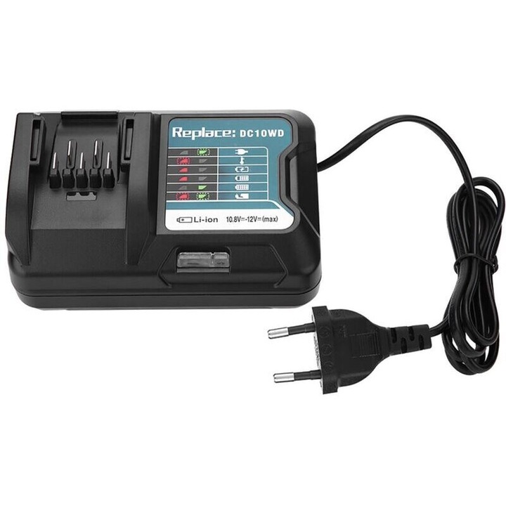 Incarcator baterie compatibil cu Makita DC10WD/DC10SB/DC10WC/BL1015/BL1016/BL1021B/BL1041B, pentru 10.8V/12V Li-ion, cu afisaj LED si indicator, priza UE, AC100-260V, negru, 1 buc
