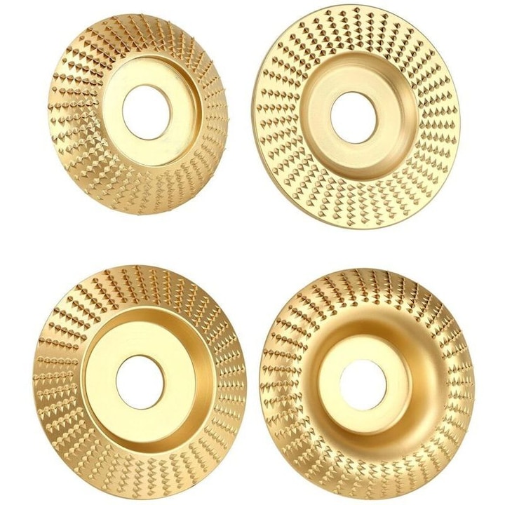 Set 4 discuri freza/roti de modelat pentru lemn, din otel 45#, pentru sculptura, slefuire si debavurare, compatibile cu polizoare unghiulare 115/125 mm, diametru interior 22.2 mm, auriu, 4 bucati