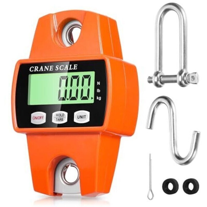 Cantar suspendat digital/de macara, 300 kg, precizie 0,05 kg, ecran LCD, carcasa din inox si aliaj de aluminiu, portocaliu