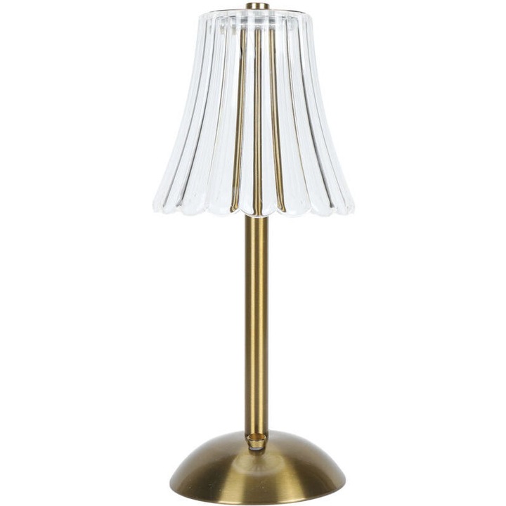 Lampa de masa / lampa de birou, stil vintage, metal si acrilic, fara fir cu baterie reincarcabila 1200 mAh, control tactil cu reglare continua si 3 moduri de culoare, auriu/transparent, 30 cm