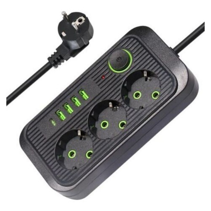 Multipriza prelungitor 3 prize, 4 x USB A si 1 x USB-C, cu intrerupator si protectie la supratensiune, cablu 2 m, Negru, 2500W/10A