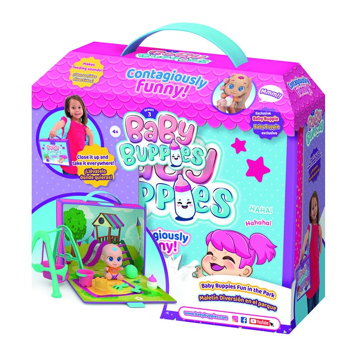Set de joaca Alltoys TV Baby Buppies, set de jucarii portabil cu papusa interactiva, sunete reale de hranire, valiza de transport inclusa, pentru copii 4+, Multicolor, 1 set