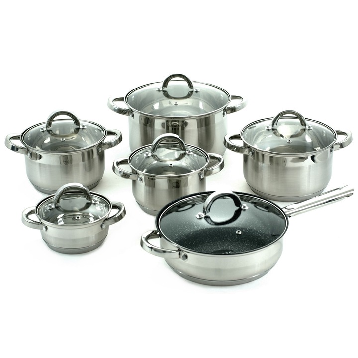 Ronner Austria SH 108T 12 részes edénykészlet, rozsdamentes acél, 7 rétegű termo alj, hőálló üvegfedők gőznyílással, szegecselt fogantyúk, inox, 1.1/2.1/2.9/3.9/6.6 L