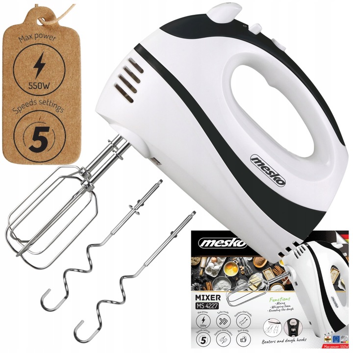 Kézi mixer Mesko Home 300W 5 sebességfokozat turbó fekete-fehér 18,5x112cm