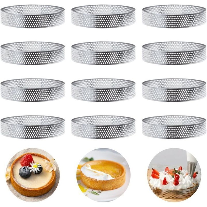Set 12 cercuri tarte perforate inox 10x2cm nonaderente