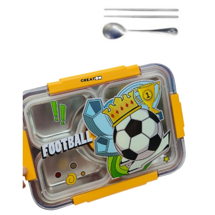 Caserola Pentru Copii GREATON Design Fotbal, 900 Ml, 4 Compartimente, Interior Din Inox, Inchidere Ermetica, Dimensiuni 26 x 19 x 7 cm, Verde Menta