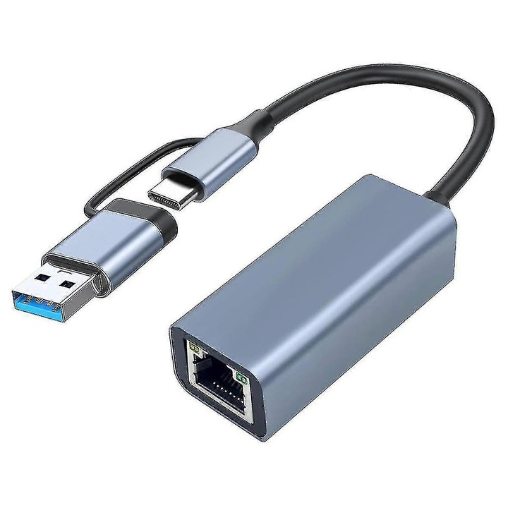 Адаптер USB към Ethernet USB 3.0/USB-C RJ45, Gigabit LAN 1000 Mbps, съвместим с Windows, Сив, 1 бр