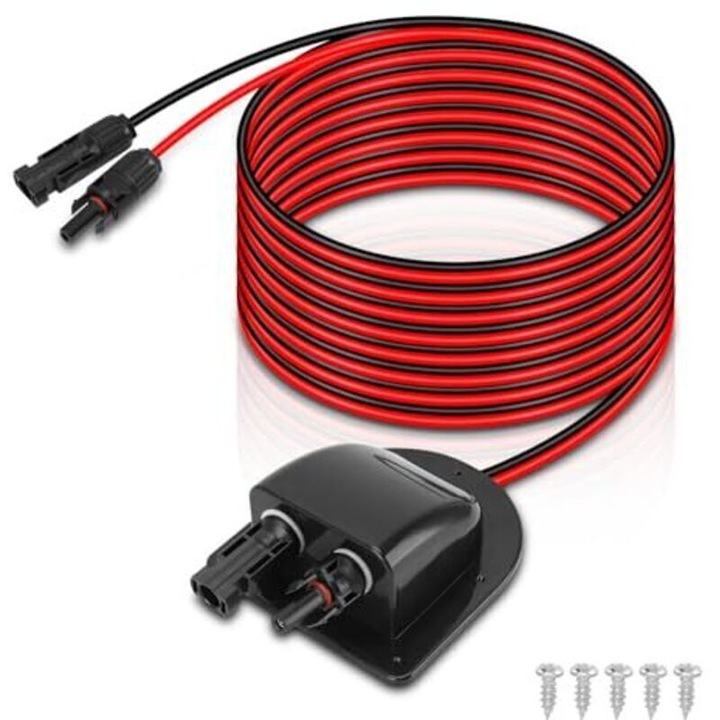 Intrare de cablu solar dubla, trecere cablu solar, carcasa ABS etansa IP68, cablu 10 AWG 3 m, conector pentru module solare, 5 suruburi inox incluse, negru/rosu, 1 set