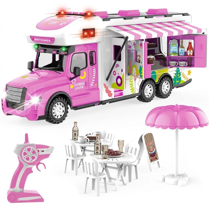 Masinuta Cu Telecomanda, Food Truck Interactiv, 15, 2 X 40, 6 X 16, 8 Cm, Cu Sunete Si Lumini, Control 2.4GHz, Roz