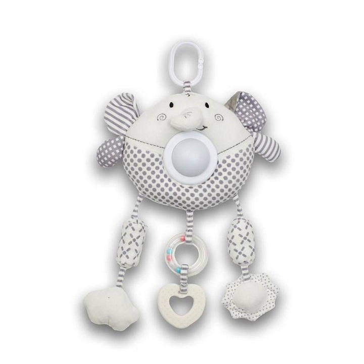 FUNMUCH Baby Mix függő plüssjáték, fénnyel és zenével, húzásra vibrál, babakocsi csipesszel és színes rágókákkal, fehér, 22 cm