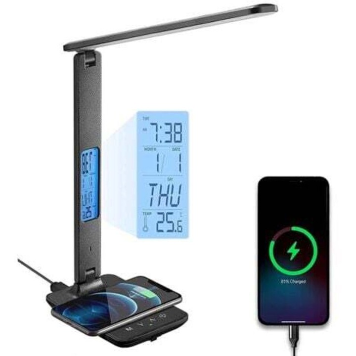 Lampa birou pliabila LED neagra, incarcare wireless 10W, USB, ceas, alarma, temperatura