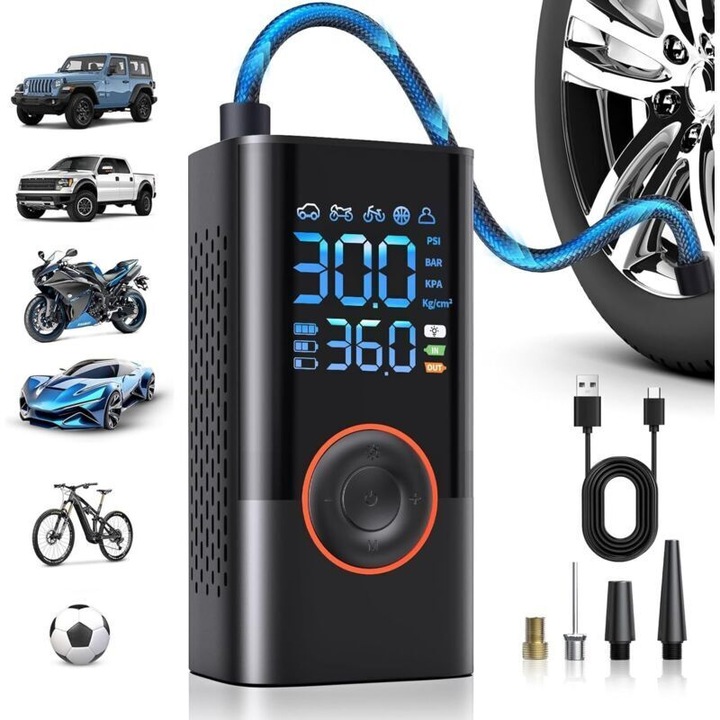 Pompa aer portabila fara fir, compresor auto, 4000mA, multifunctional, negru, compact