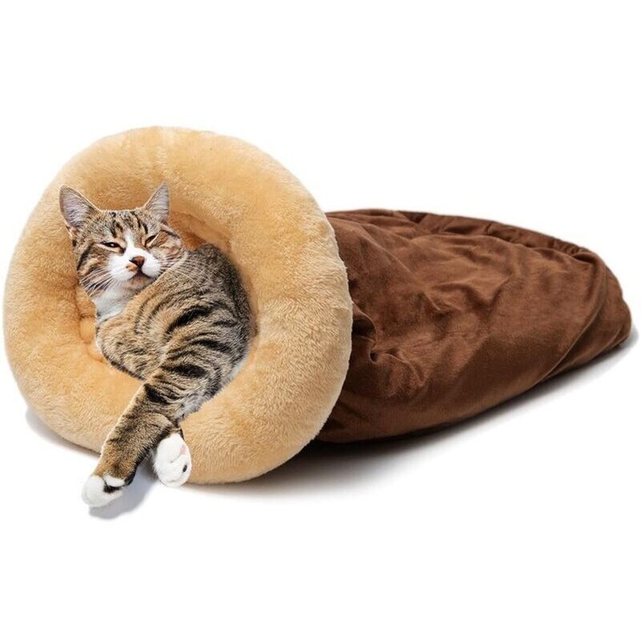 Cuib iglu pentru pisici, izolat auto-incalzitor, exterior din suedine, interior din plus, maro/bej, 65 x 48 cm