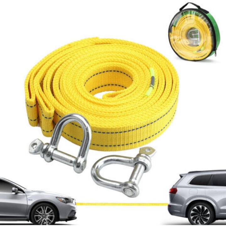 Chinga de remorcare, curea de tractare, din material ranforsat, capacitate 5 tone, cu 2 carlige de siguranta tip D, galben, 5 m