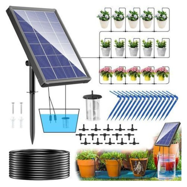 Sistem de irigatie solara automat, kit de irigare prin picurare, 4W, baterie 2200mAh, 15 picuratoare, 6 moduri temporizator, IPX5, economiseste 80% apa, Negru, 1 set