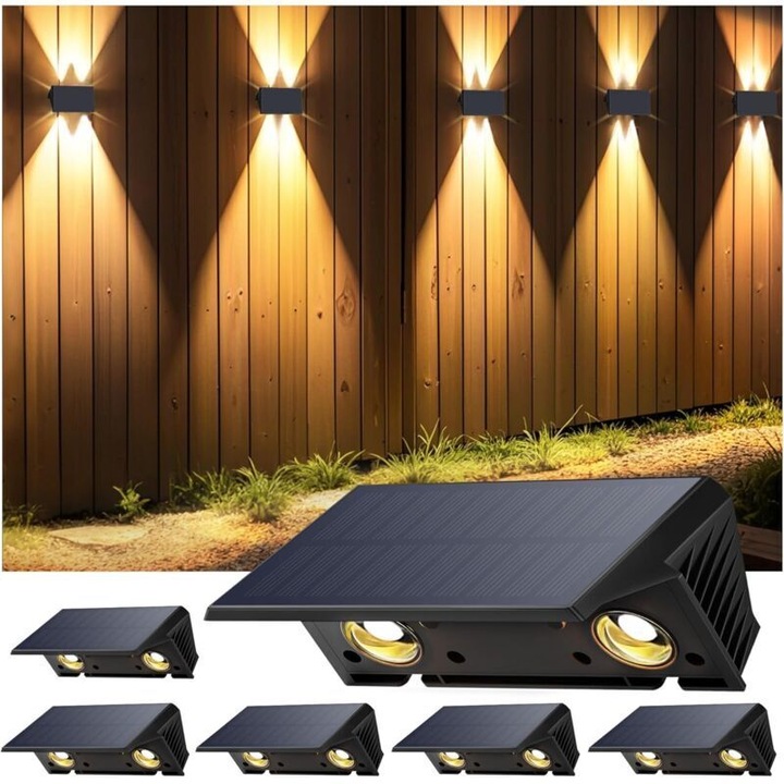 Lampa solara de perete, noua generatie 2025, iluminare sus si jos, IP67 etansa, alb cald 3000K, negru, 6 bucati