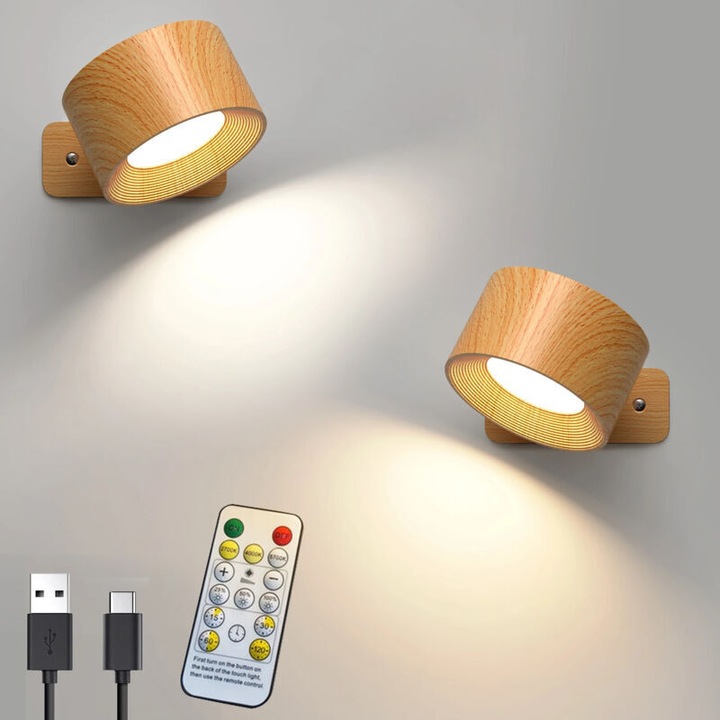 Set 2 bucati, aplice murale LED cu baterie reincarcabila si incarcare USB-C, 3 temperaturi de culoare si 3 niveluri de luminozitate, telecomanda inclusa, montare magnetica 360°, culoare lemn, diametru 7,5 cm