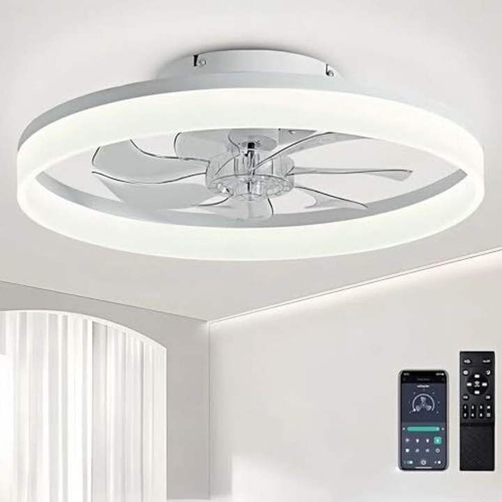 Вентилатор за таван / плафон 40 см с LED светлина, 48 W, 6 скорости, дистанционно управление и приложение, регулируема интензивност 3000-6500K, тих и реверсивен DC мотор, бял, 1 бр.