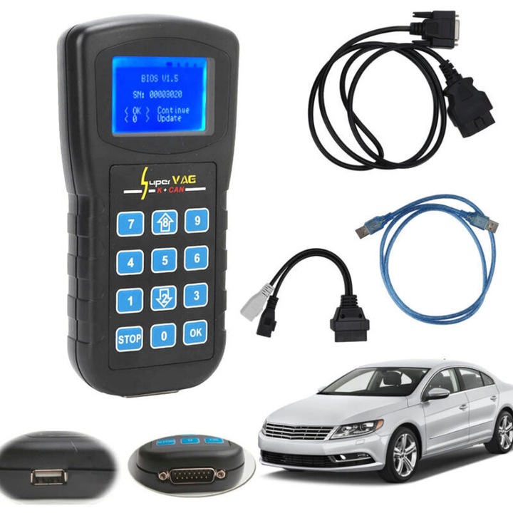 Cititor diagnostic si corectie kilometraj K+CAN V4.8, citire cod PIN, programare chei, resetare airbag, compatibil K‑Line/CAN/UDS pentru Bora A6/A8/A4/Octavia/Superb/Fabia, Negru, 1 buc