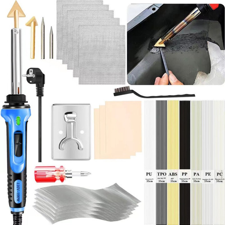 Kit fier de lipit pentru plastic 100W, temperatura reglabila 400-600°C, incalzire rapida 1-2 secunde, 56 tije de sudura (7 tipuri pp/pu/abs/pe/tpo/pa/pc), 2 varfuri cupru, 2 varfuri fier, albastru/negru, 1 set