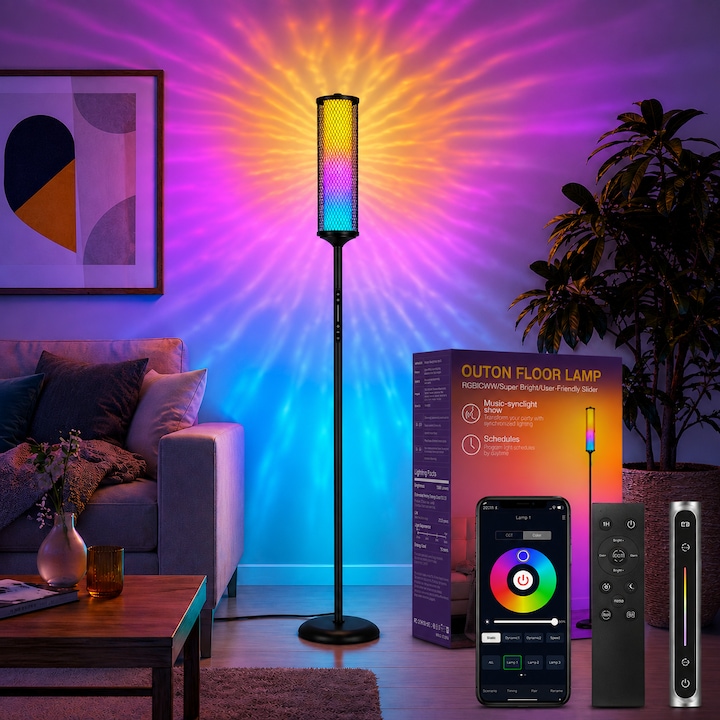 Lampadar de podea RGBICW Smart LED, lampa de podea cu control app si telecomanda, 16M culori, 32 moduri, sincronizare muzica, veioza reglabila 2200K-6500K, 1500lm, pentru dormitor, living, hol, balcon, casa, inaltime la alegere