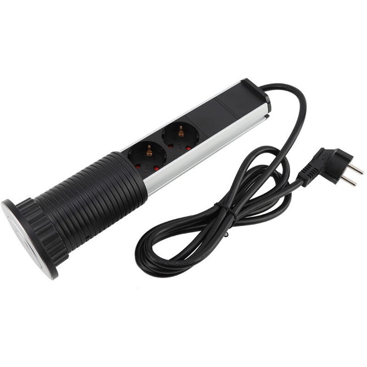 Többfunkciós asztali aljzat, beépíthető pultba, 2 aljzattal és USB porttal, alumíniumötvözet ház, O60-65mm beépítés, ezüst/fekete, 1 db