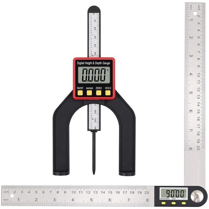 Gabarit digital de adancime si raportor, rigla digitala 200 mm (8 inch), inaltime digitala 80 mm, ecran LCD, functie de blocare a masurarii, suport magnetic, comutare mm/inch, negru/argintiu, 1 buc