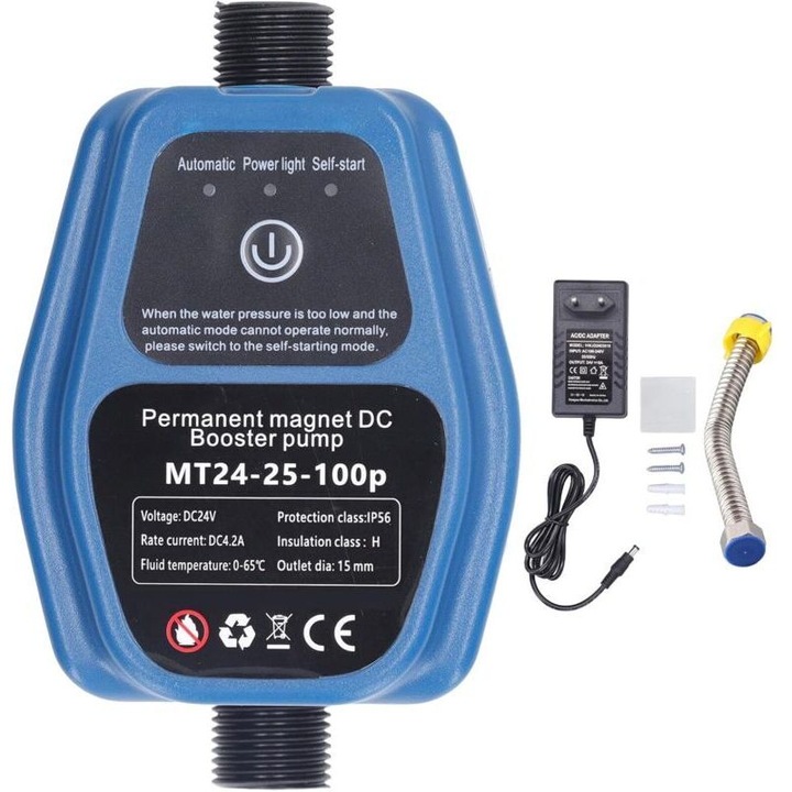 Pompa de surpresiune pentru apa (booster) MT24-25-100p, 100W, 24V DC cu adaptor 100-240V, debit 25 L/min, albastru, 1 buc
