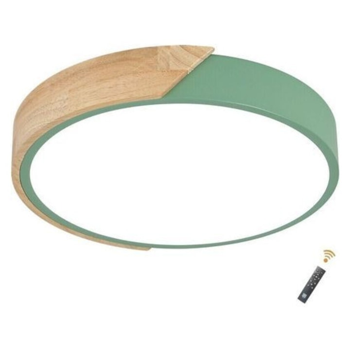 Plafonier LED, lampa de tavan rotund design macaron, LED integrat 24 W 2400 lm, alb rece 6500 K, din lemn si metal cu abajur acrilic, Verde, 30 x 5 x 30 cm, 1 buc
