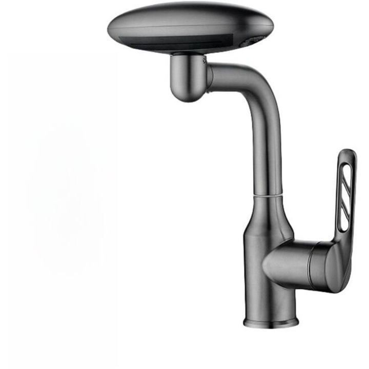 Robinet de baie / baterie lavoar 4 moduri, rotatie 360°, duza extensibila 60 cm, din otel inoxidabil 304, Gri, 1 buc