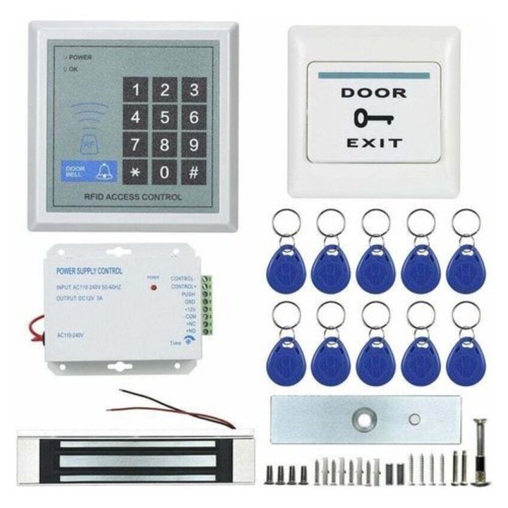 Kit sistem control acces rfid, yala magnetica electronica, cititor cu tastatura si buton de iesire, alimentator DC 12V, 10 brelocuri rfid, multicolor, 1 set