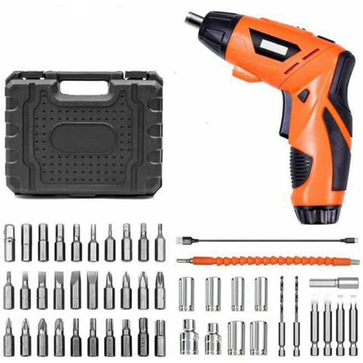 Fúró- és csavarozógép, 4,2V, 1500mAh, 230rpm, 47 részes tartozékkészlet, fekete