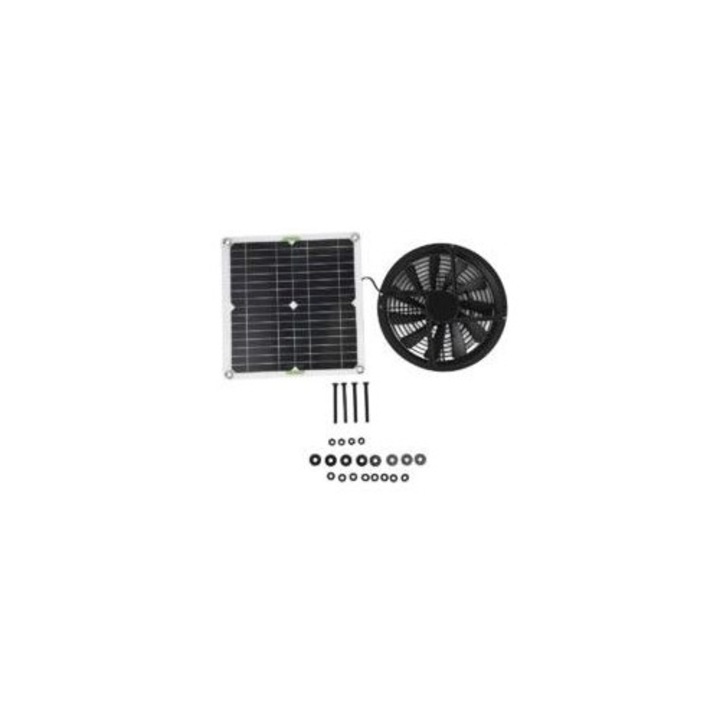 Napelem ventilátor készlet 12V 25x25cm panel 28,5x28cm üvegházhoz és állatmenhelyhez