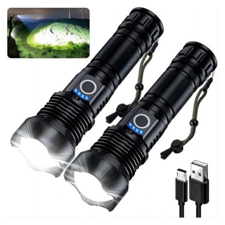 2 darabos szett, XHP50 LED zseblámpa, 3200 lumen, 12 óra üzemidő, 18650 mAh újratölthető akkumulátorok, 5 mód SOS funkcióval, hatótávolság akár 500 m, IPX7, fekete