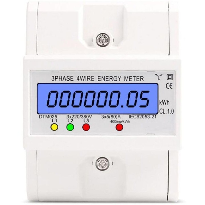 Energiamérő (kWh mérő) háromfázisú, 4 vezetékes DTM025, 3x220/380V, 3x5(80)A, DIN sínre szerelhető, háttérvilágítású LCD kijelző, Fehér, 100x76x65 mm