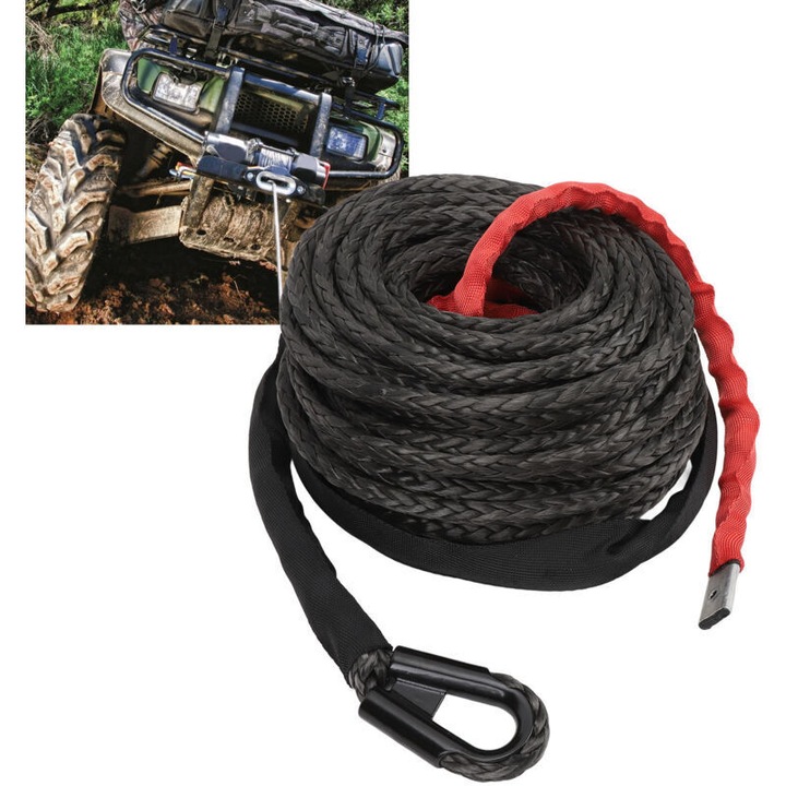 Cablu de troliu sintetic, funie de remorcare, manson de protectie, rezistenta 7,5 T (12.000 lb), compatibil ATV/UTV/SUV, Negru, 9,5 mm x 25 m