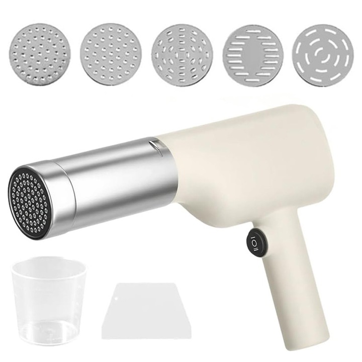 Masina Manuala de Facut Paste, Omelivon, 5 in 1, Electrica Portabila, Reincarcabila, 1500mAh, Usb tip-c, Deala pentru Familie, Calatorii si Picnicuri, Inox 304, Crem