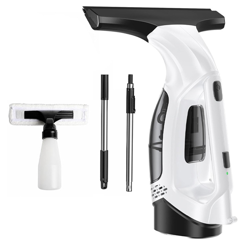 Aspirator de Geamuri, Rqiurpn, Stergator Geamuris, Pulverizator Incorporat, Autonomie 35 min, Rezervor 150 ml, Recipient Pulverizator cu Laveta, Extensie, Versatil, Usor de Utilizat, Perfect pentru Casa si Masina, Fara Urme, Alb/Negru